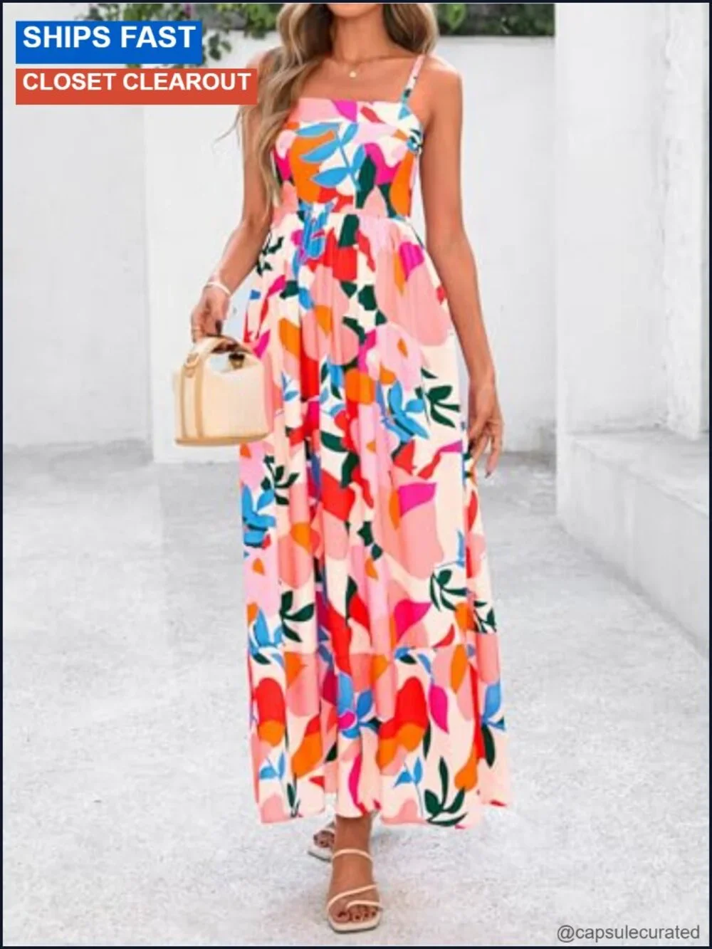 Boho Floral Striped Summer Maxi Dress Spaghetti Strap Viscose